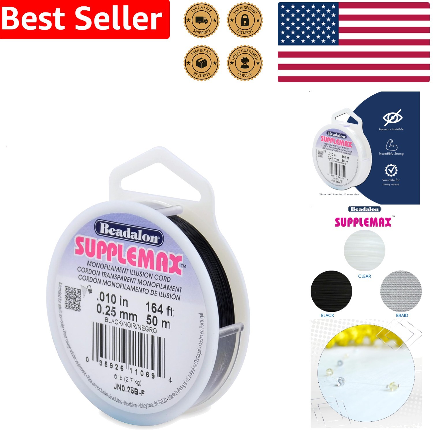 SuppleMax Illusion Beading Cord 0.25mm Black Monofilament 164ft Craft Jewelry
