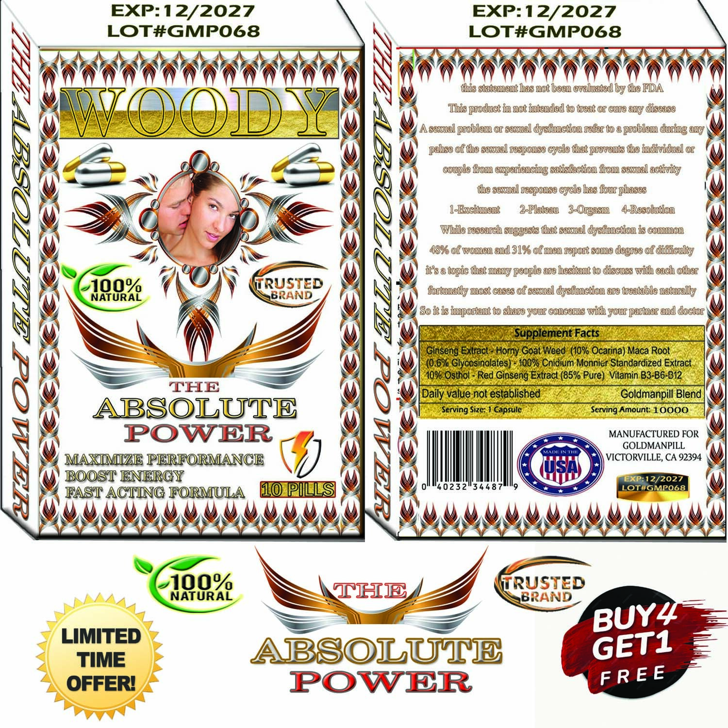 100% Natural Formula  kinky woody 6000mg/10000mg male performance ENLARGMEN 10''