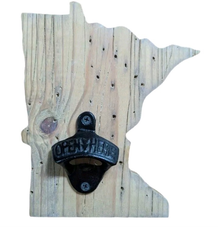 Minnesota State Wood Wall Sign Cast Iron Bottle Opener Handmade USA Local Gift