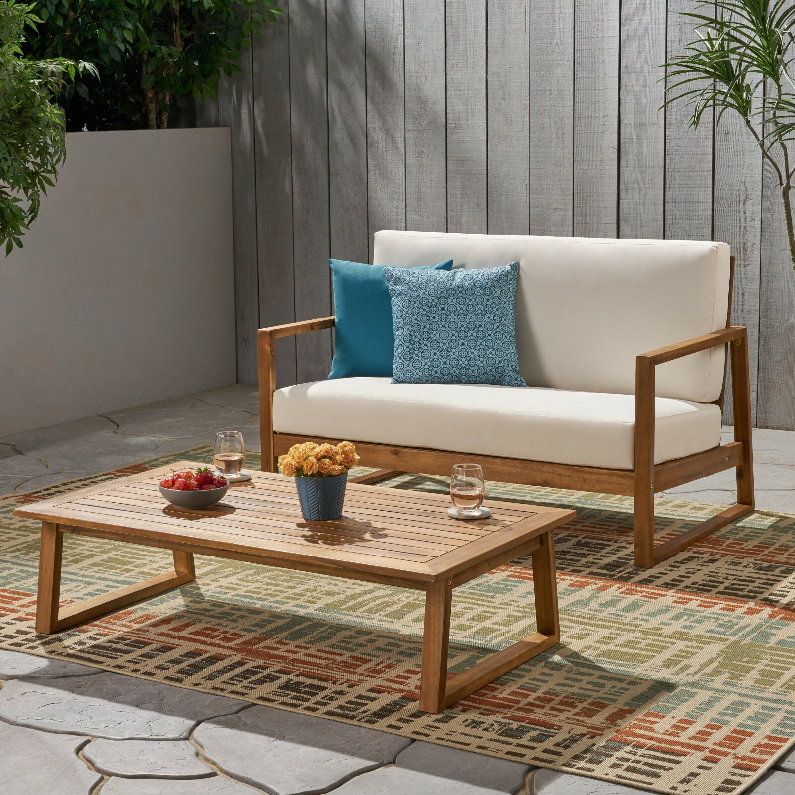 Marlee Outdoor Acacia Wood Chat Set with Coffee Table