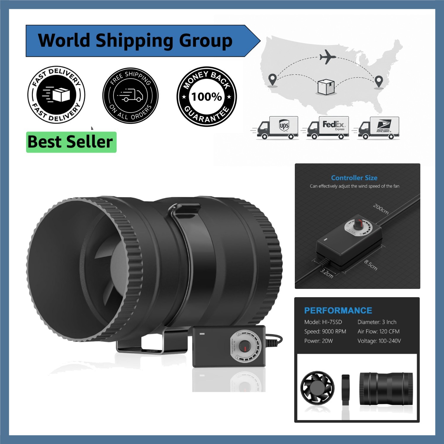 120 CFM Inline Blower Fan with 20W Low Power & Speed Controller for Ventilation