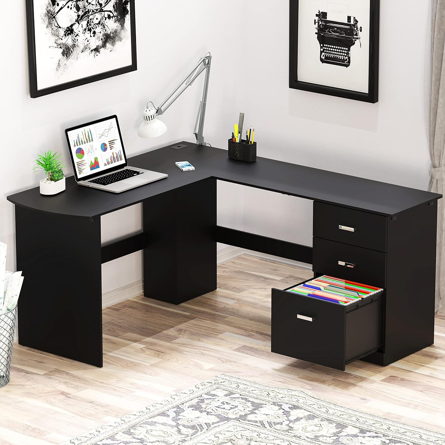 L-Shaped Black Wood Corner Desk with File Drawers - 51x59 Inches