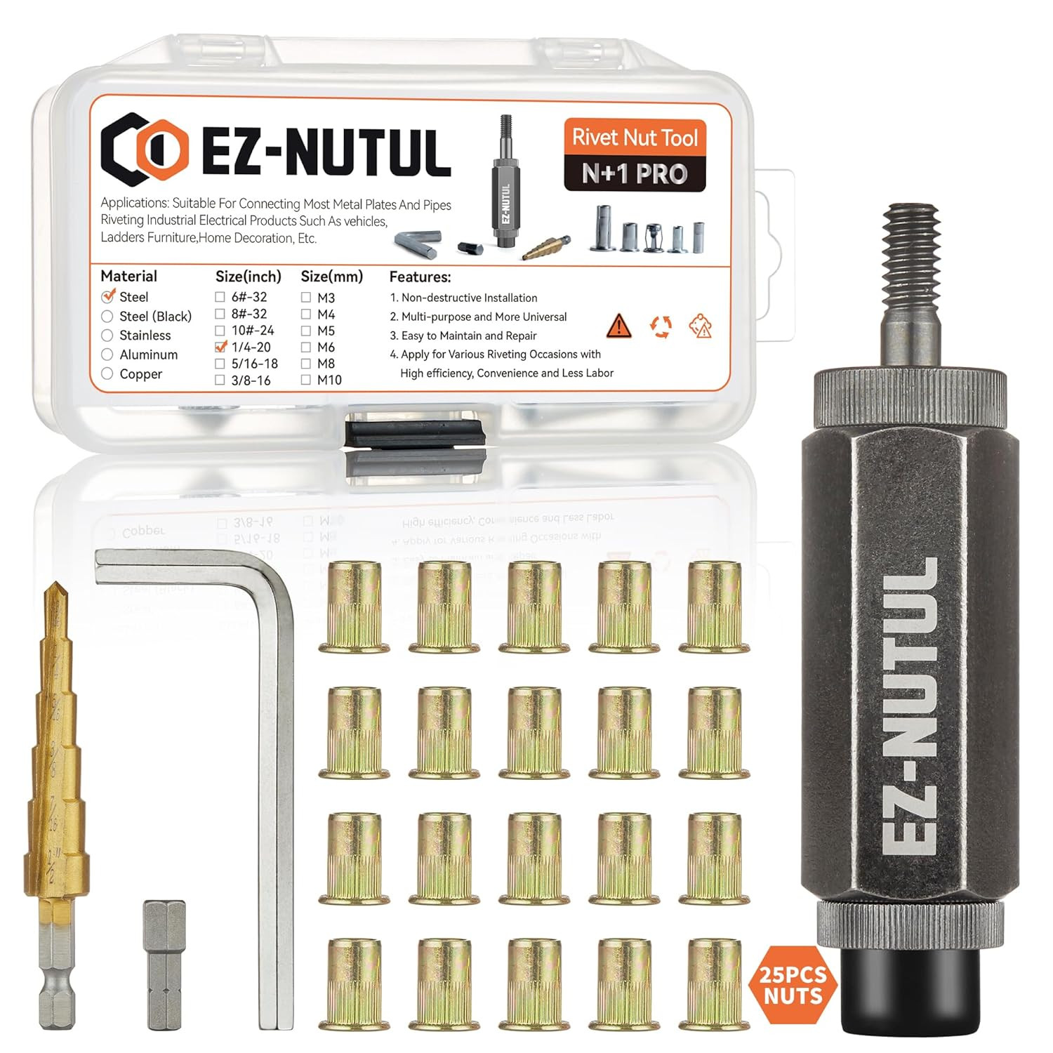 Rivet Nut Tool Kit 1/4-20 Rivnut Threaded Insert Nutsert Set Drill Bit