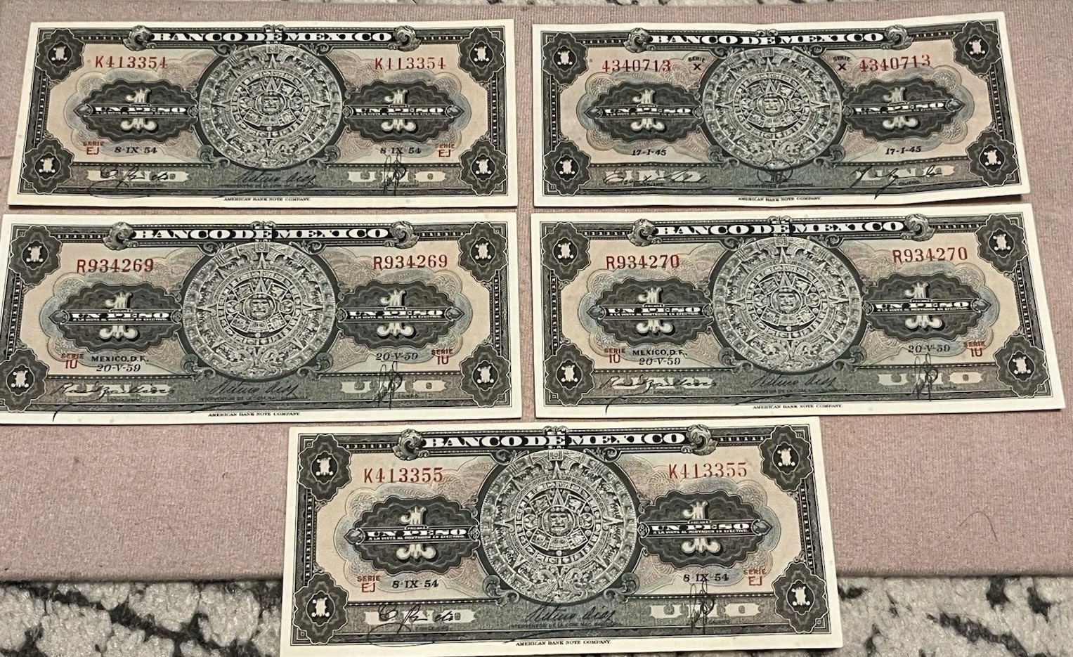 Aztec Calendar Mexico 1 Peso Banknote 1959 1954 1945 Consecutive Bills Crisp Lot