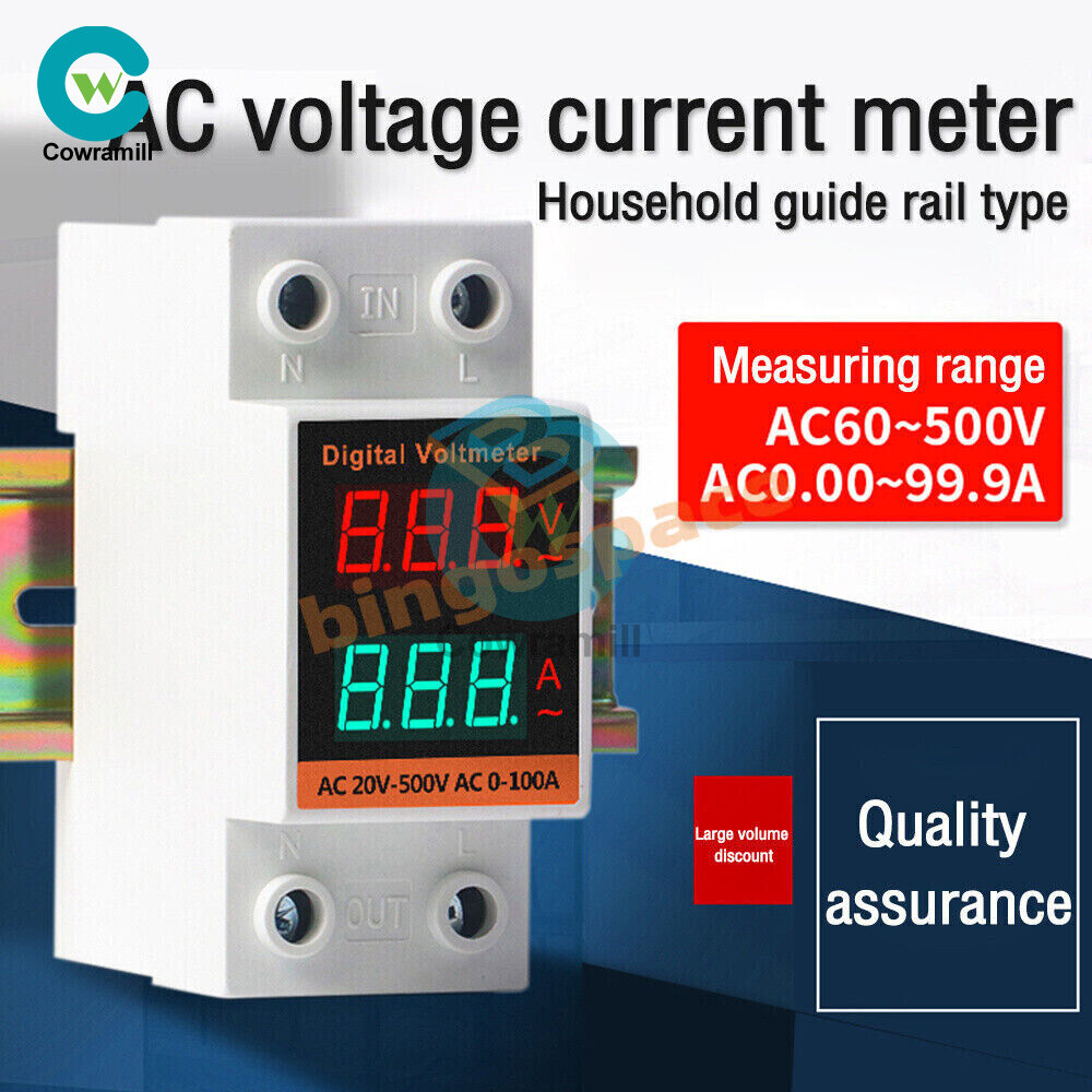 Din Rail LCD Dual Digital AC Voltmeter Ammeter  AC60-500V 0-99.9A Amp Monitor