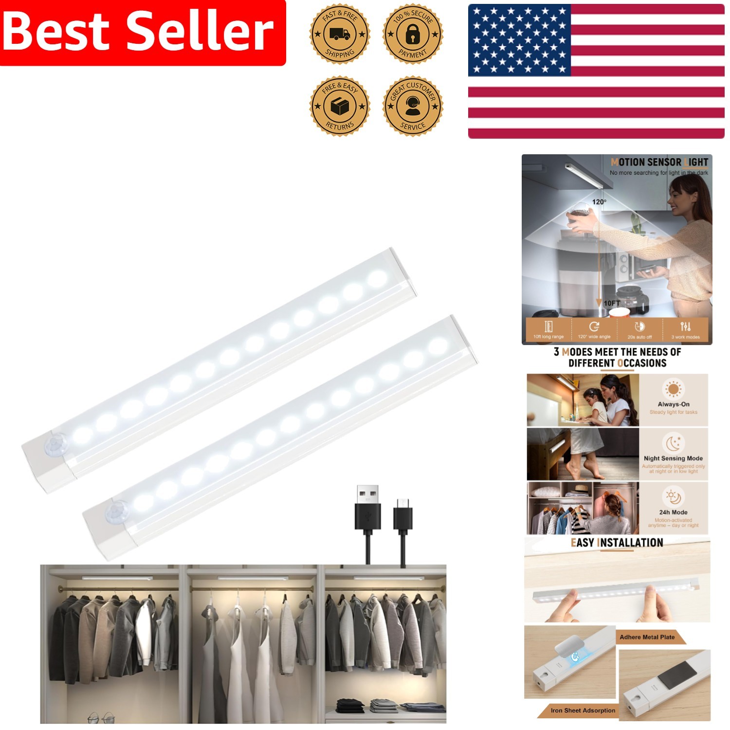 Crisp Daylight White Motion Sensed Closet Lights - 2 Pack, USB-C Rechargeable