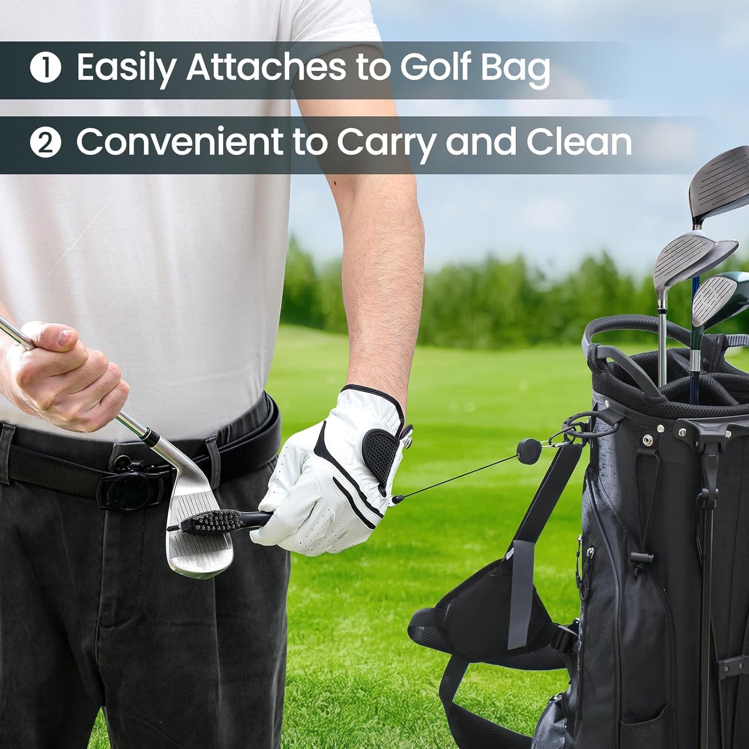 2 PCS Golf Club Brushes & Groove Cleaner 2 Ft Retractable Zipline Carabiner Tool