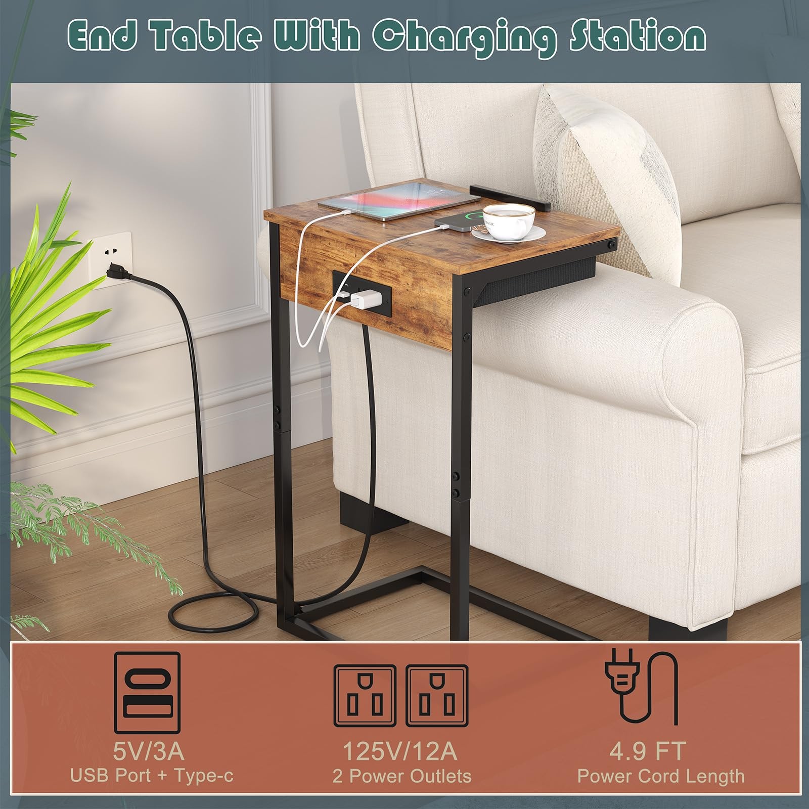 Shaped End Table with Charging Station, 45° Tiltable Adjustable Flip Top Tabl...