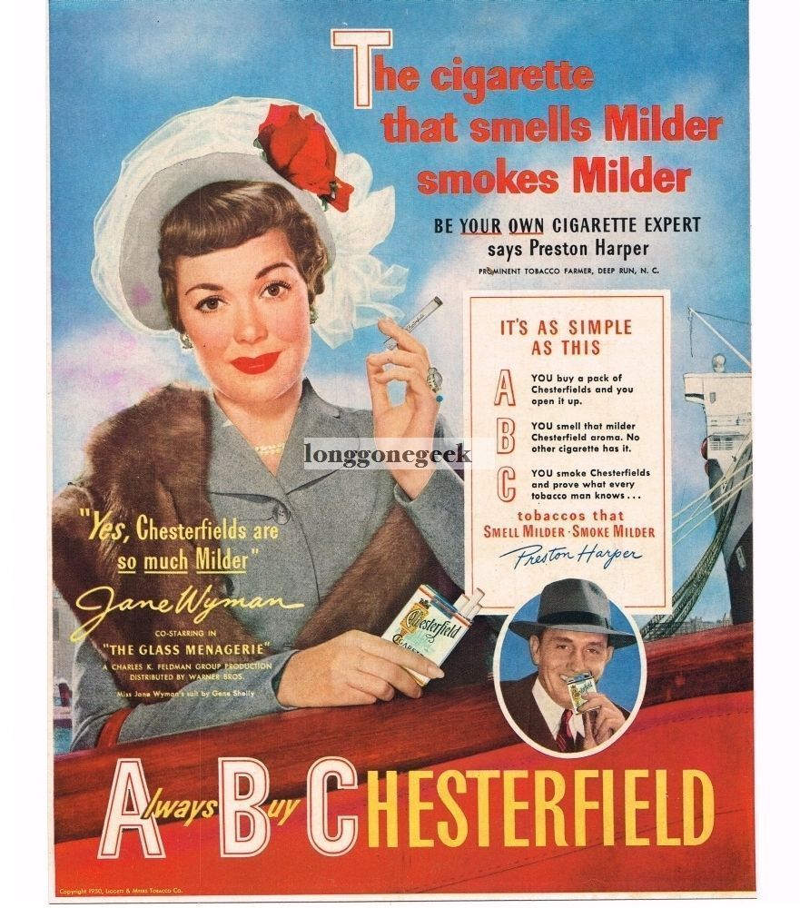 1950 Chesterfield Cigarettes ABC Jane Wyman Vintage Print Ad