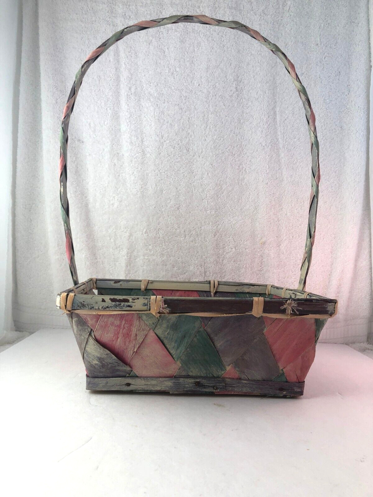 Vintage Wood Bottom & Trim Pastel Woven Easter Basket Nailed