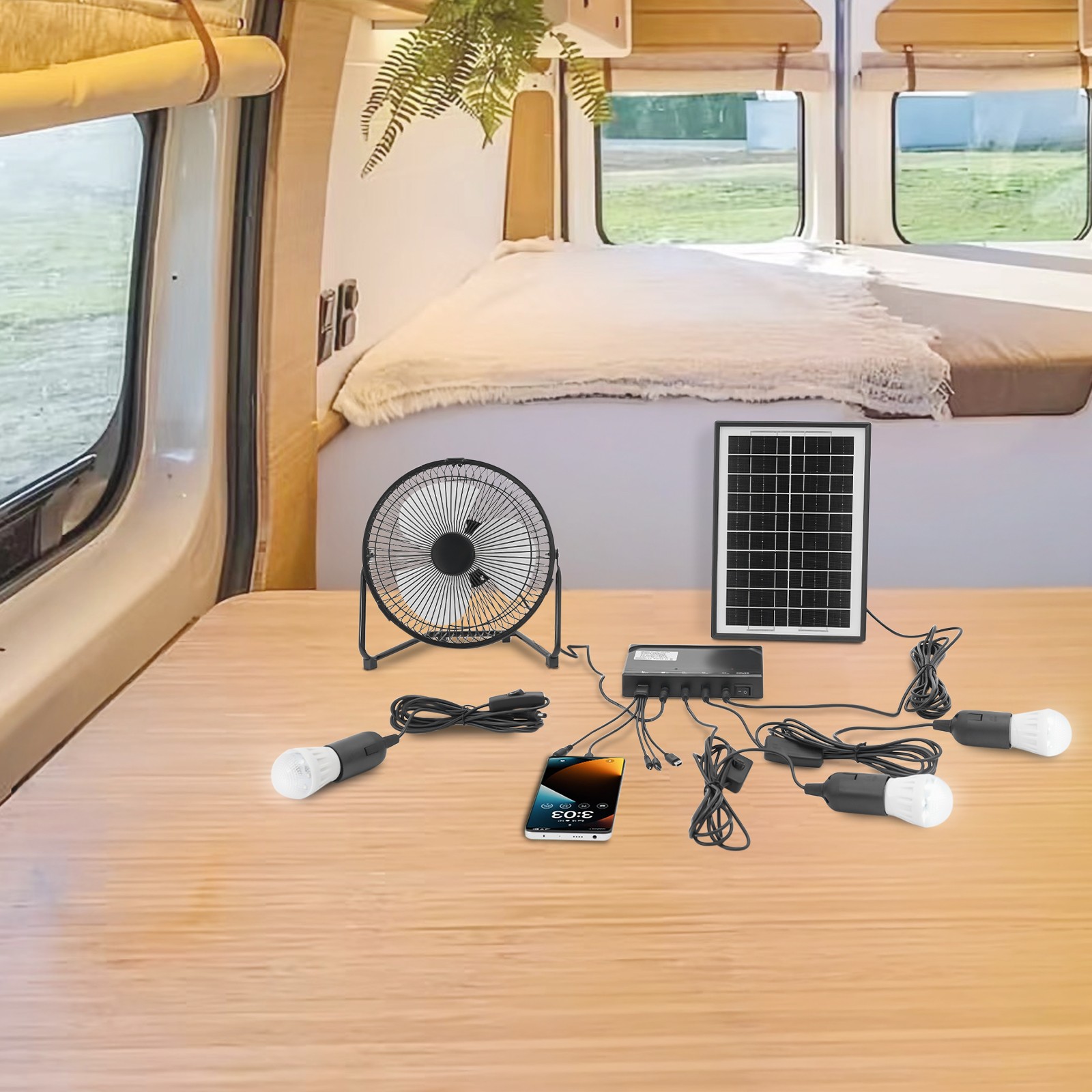 Solar Power Panel Kit Outdoor Camping USB Charging System W/ LED Light & 8" Fan