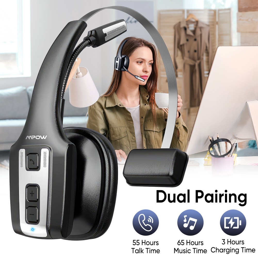 Mpow Trucker Bluetooth 5.3 Wireless Headset & Noise Cancelling Mic For Phones PC