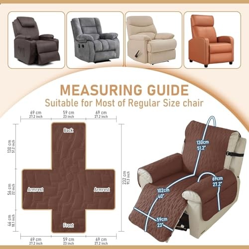 100% Waterproof Recliner Chair Covers with Elastic Straps, Nonslip Reclining