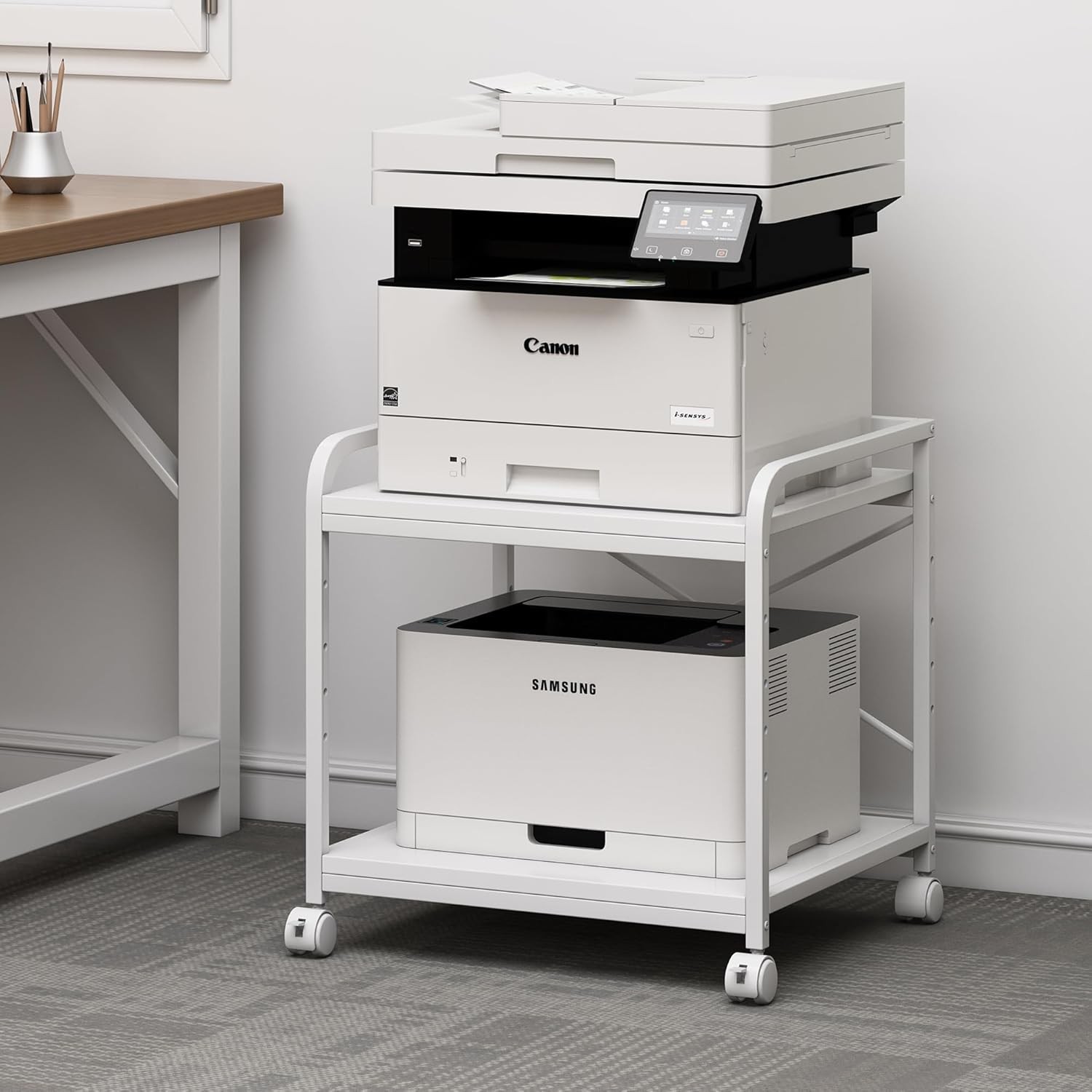 2 Tier Under Desk Printer Stand W/ Storage 20 Inches Deep Large Printer Table W/