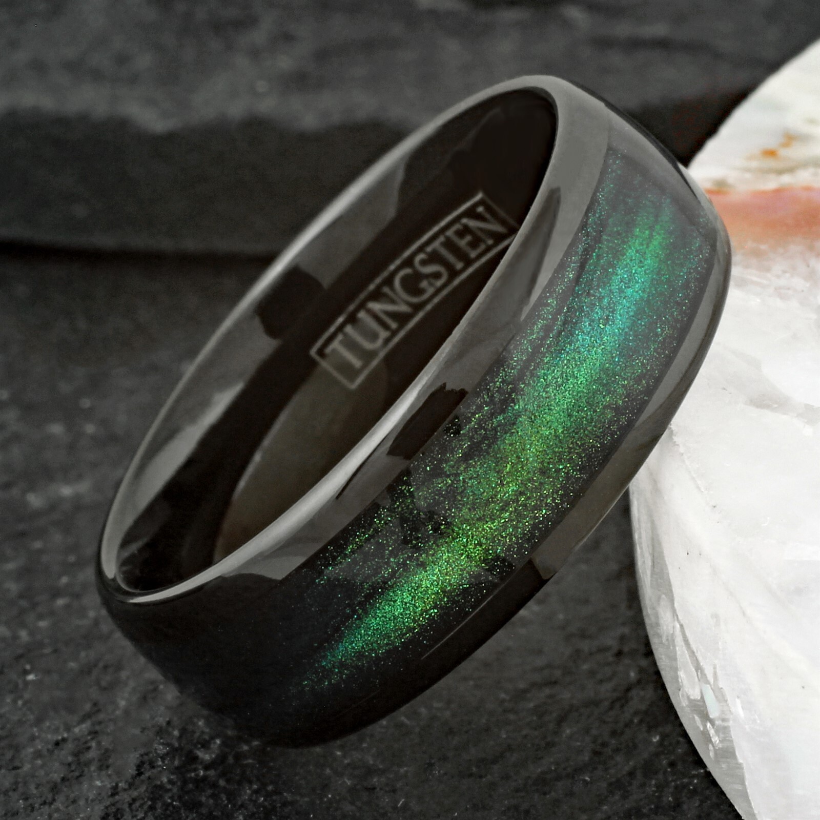 8mm Black Tungsten Carbide Emerald Green Flowing Sand Wedding Band Ring