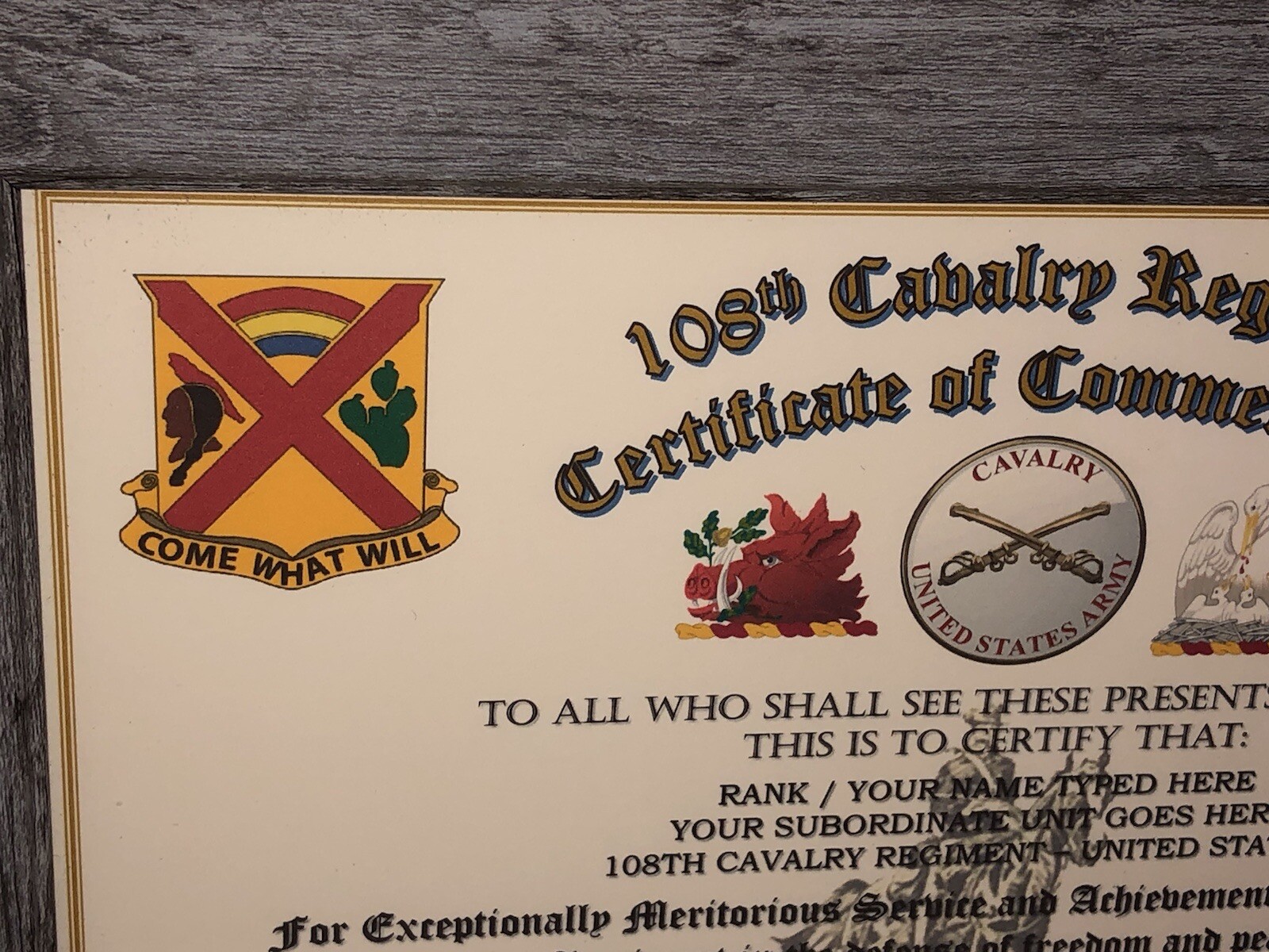 108TH U.S. CAVALRY REGIMENT / COMMEMORATIVE - CERTIFICATE OF COMMENDATION