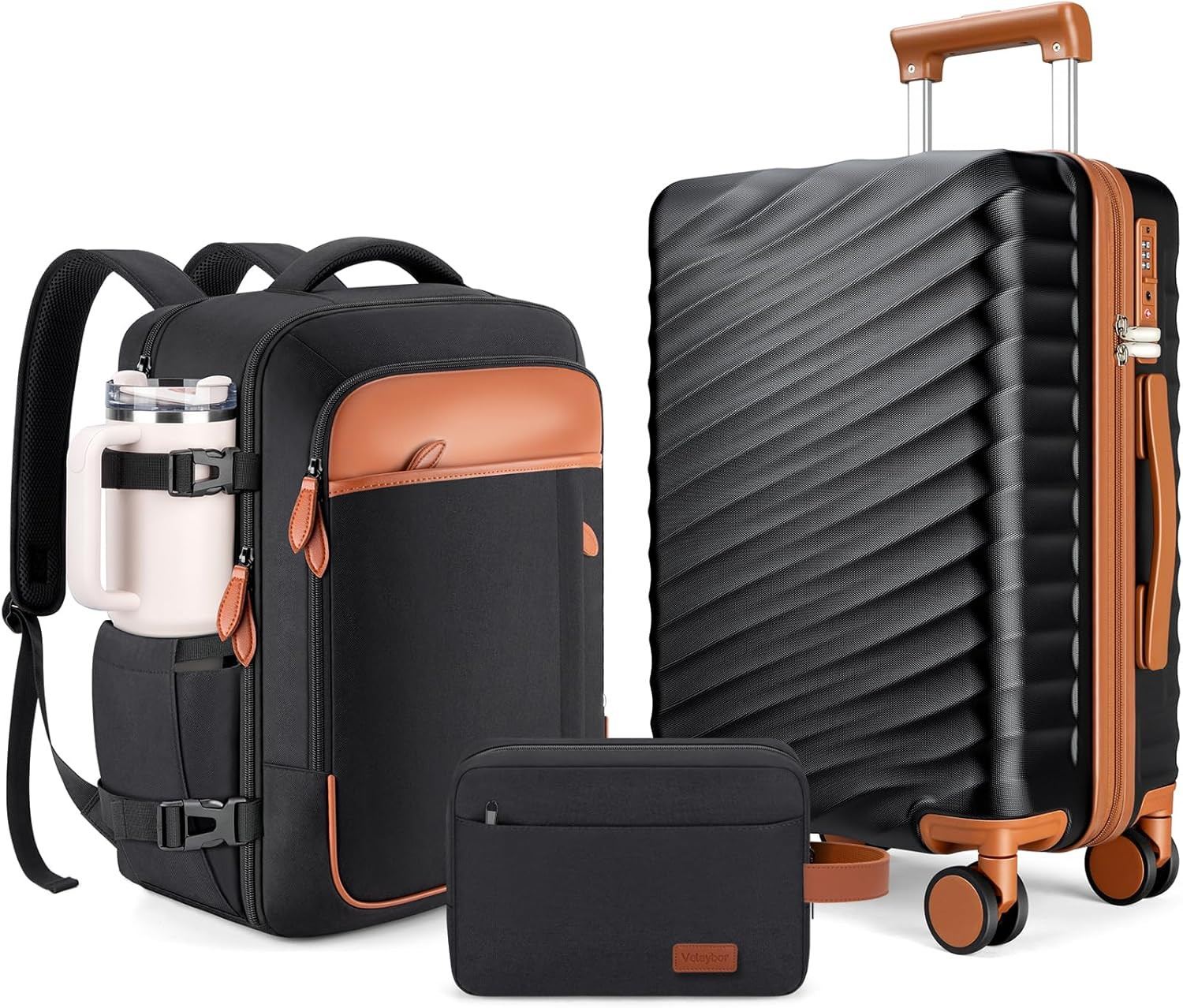 3 Piece Luggage Set with Travel Backpack, 20” PC Hardside Suitcase with Spinner