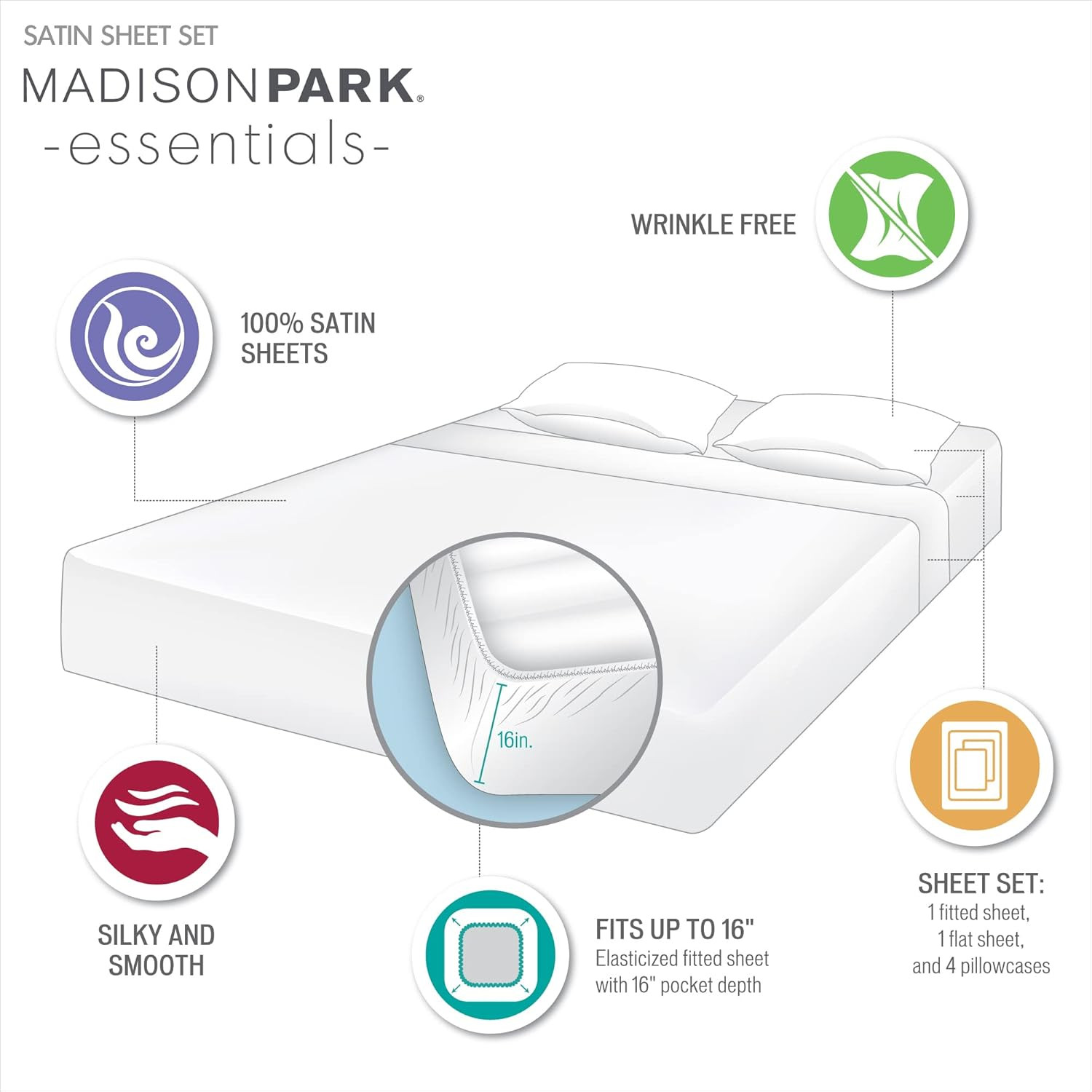 Essentials Polyester Satin 6 Piece Sheet Set with Ivory MPE20-904, Queen