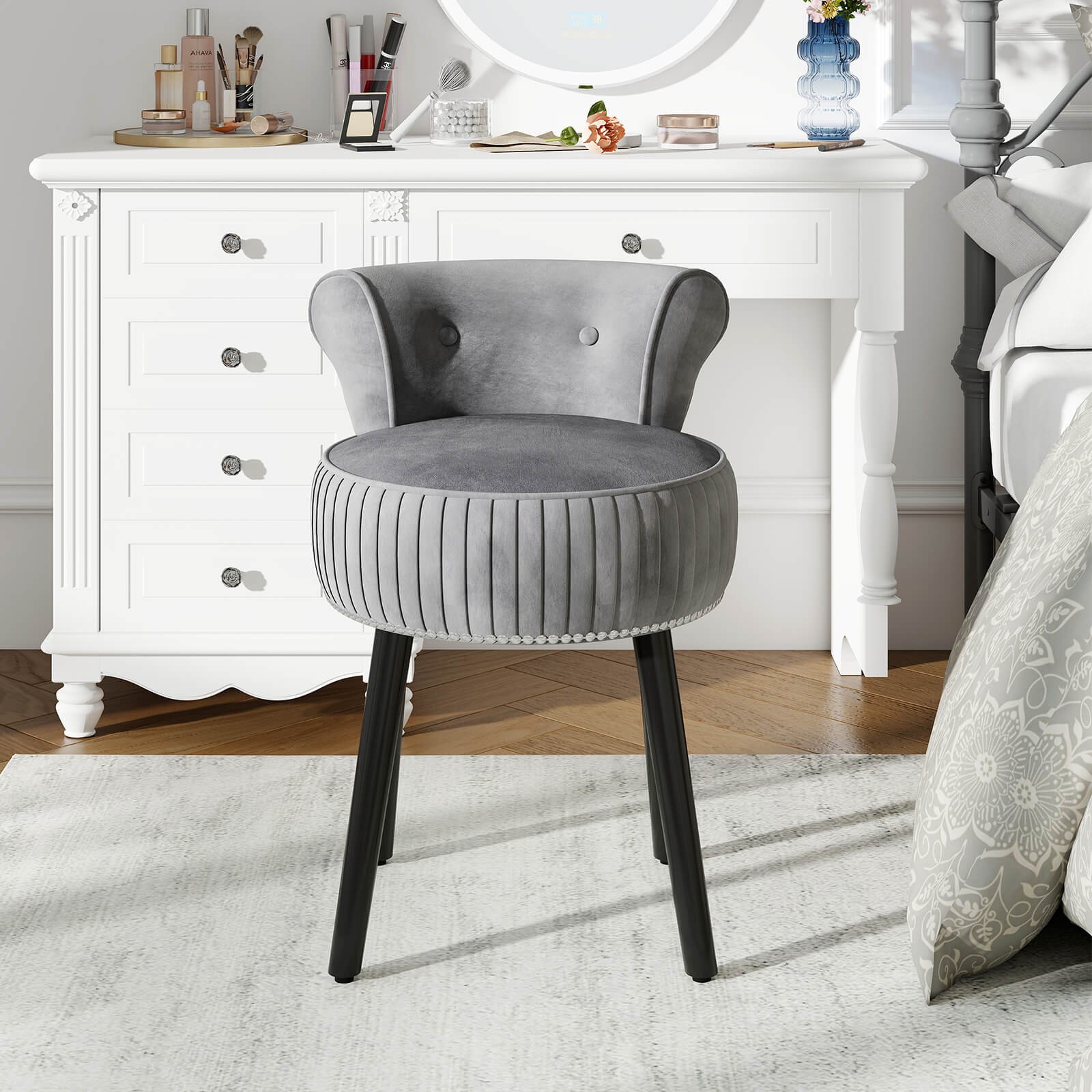 Velvet Vanity Chair with Back Tufted Low Back and Solid Wood Legs for Bedroom