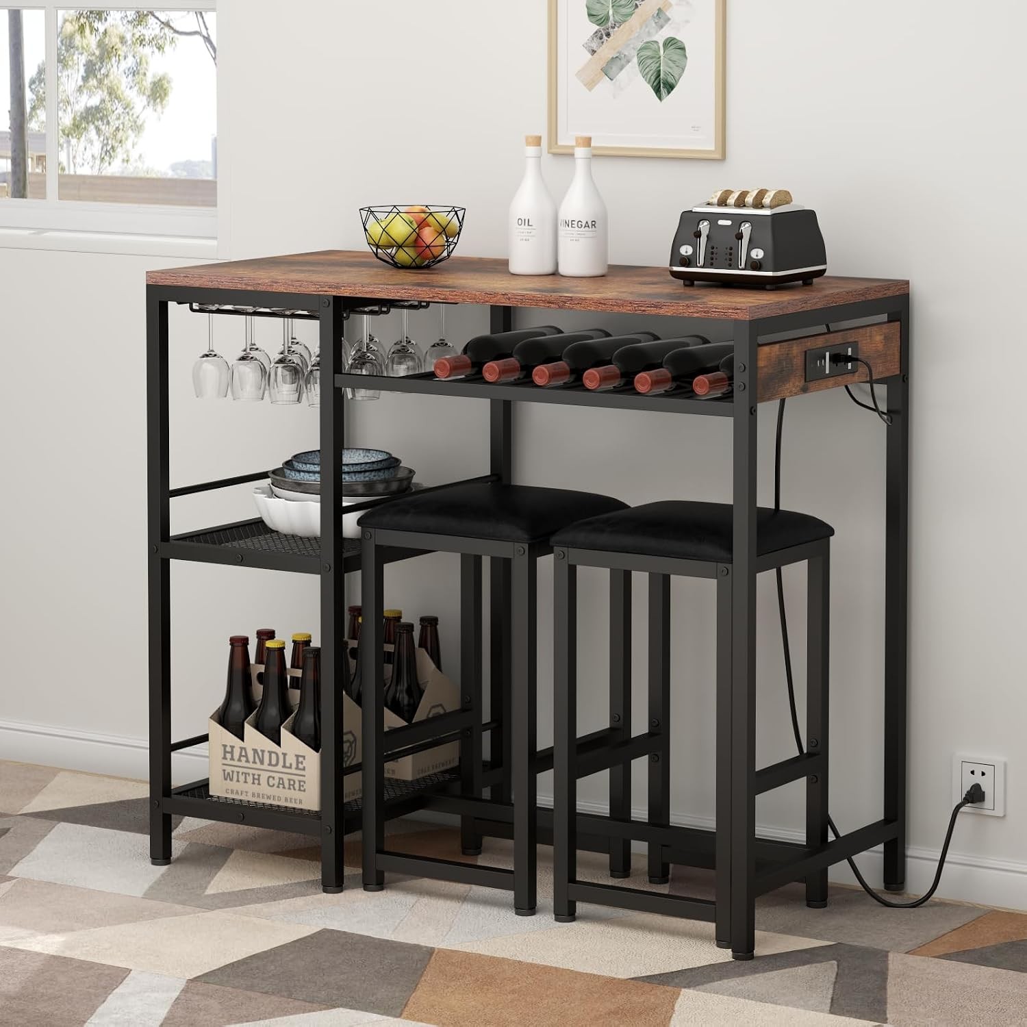 Bar Table and Chairs Set with Power Outlet, Pub Table and Chairs Set for 2 with