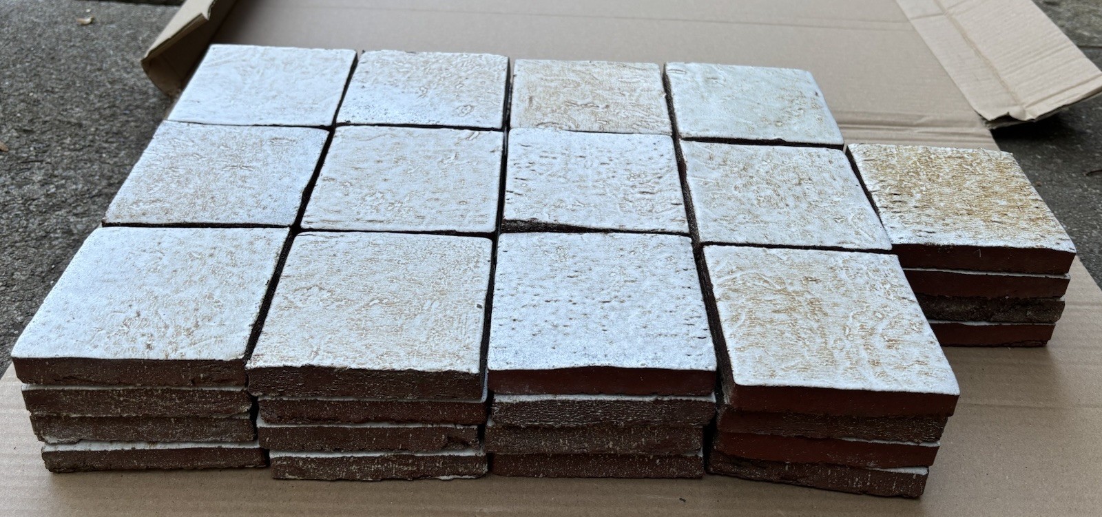 4 Vintage Hand Made Mottled Glazed Field Tile THICK 3 7/8"sq Set of 4 NOS #A