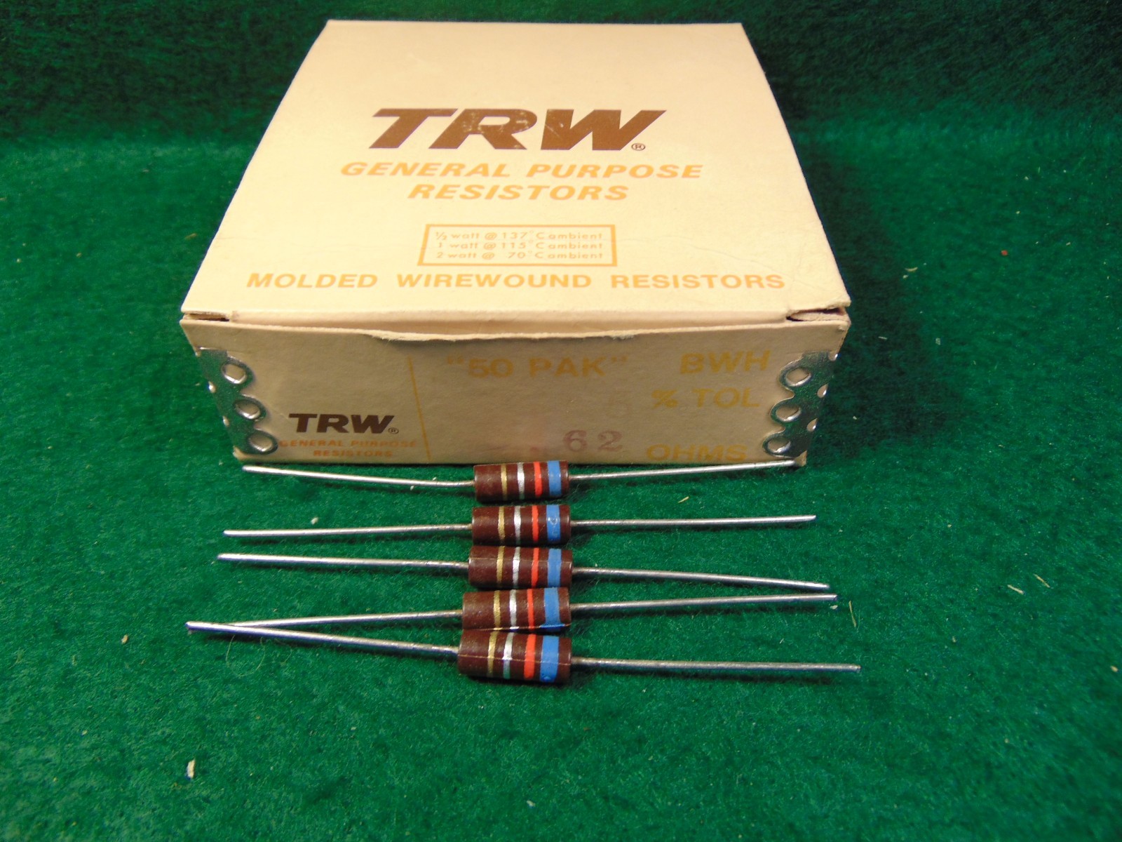 (1) 5 Pack TRW BWH Molded Wirewound .62 OHM 1 Watt 5% Resistors NOS