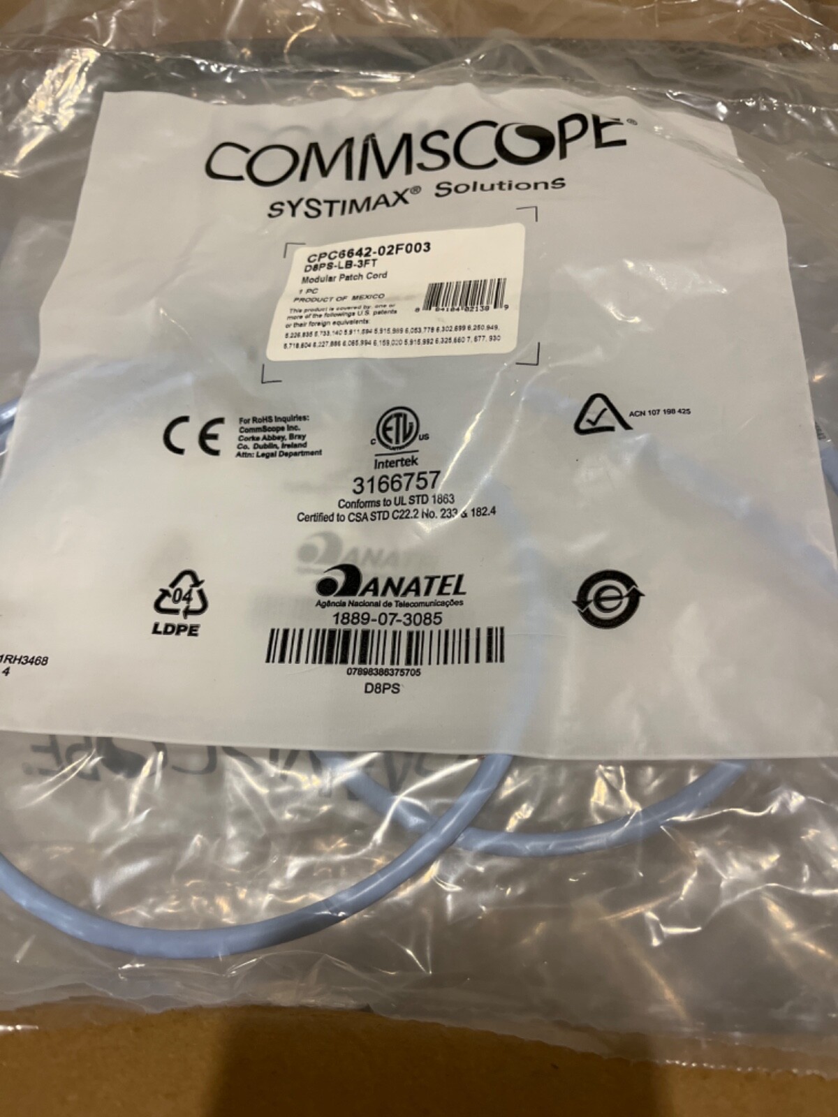 Commscope Systimax D8PS-LB-3FT (100) Modular Patch Cord Light Blue Jacket 3FT