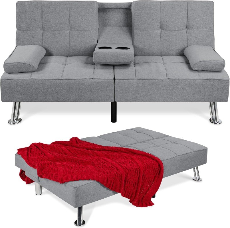 Linen Modern Folding Futon Reclining Sofa Bed Removable Armrests 2 Cupholders