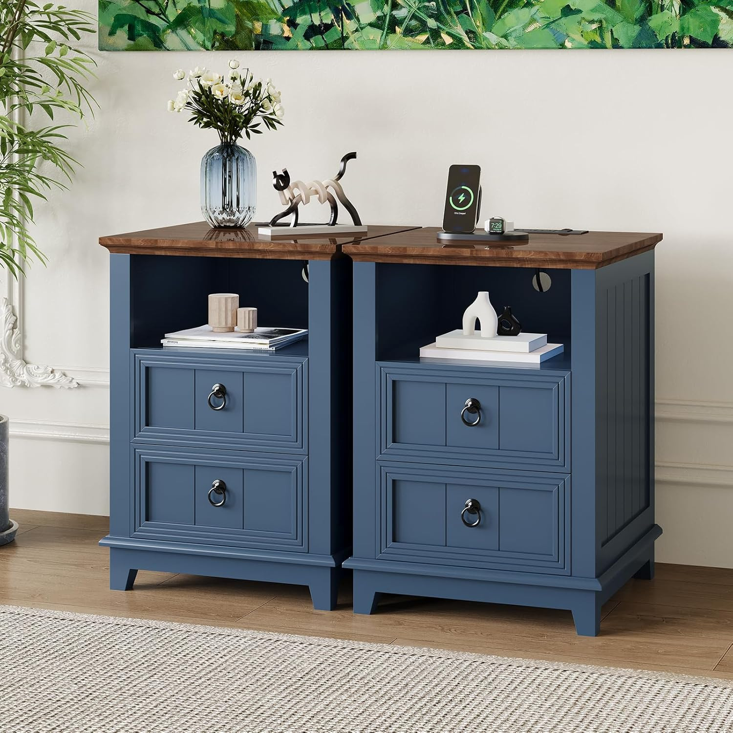 Charming Blue Wood Nightstand Set of 2 with Charging Station for Farmhouse Style