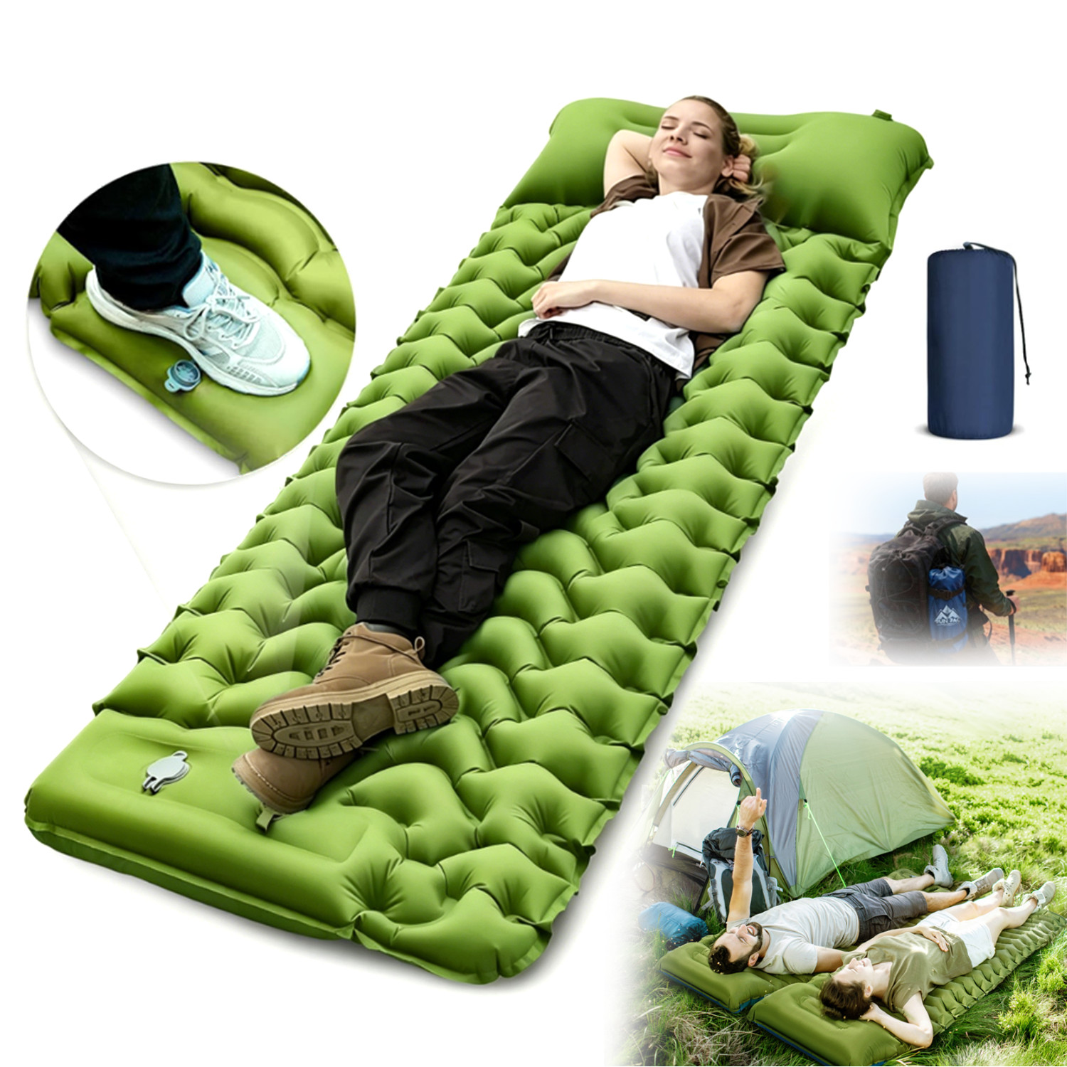 Camping Sleeping Pad Ultralight Camping Mat with Pillow & Foot Pump for Hiking