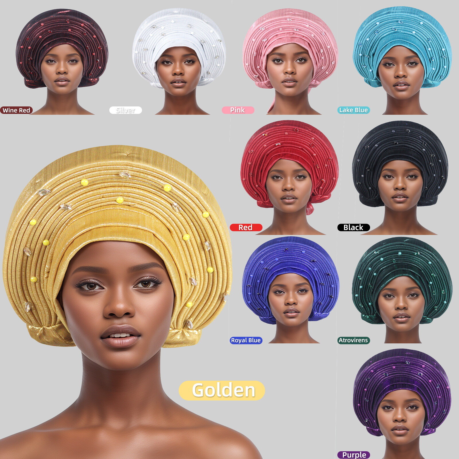 Wedding Party Hats Women African Auto Gele Headtie CapsBeaded Nigerian Headwear