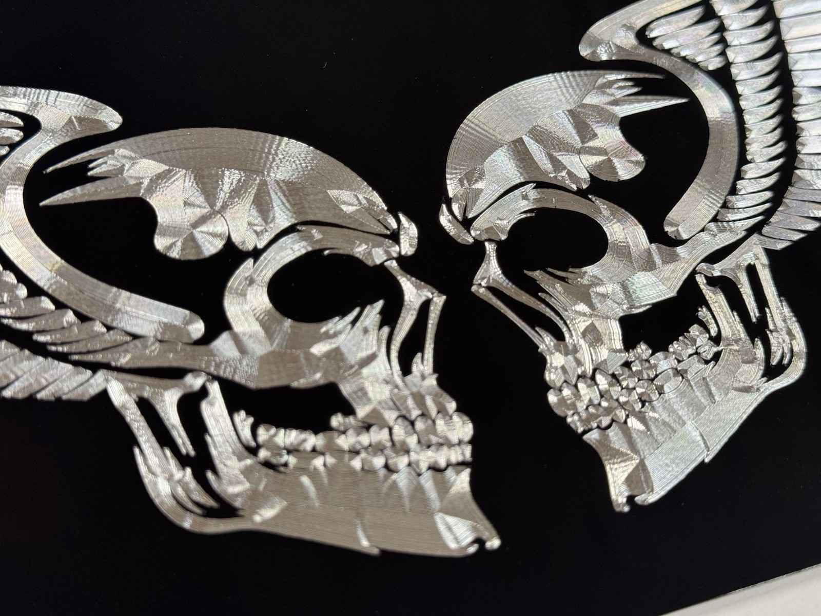 Double Skull Wings Car Tag Diamond Etched Engraved Black Front License Plate