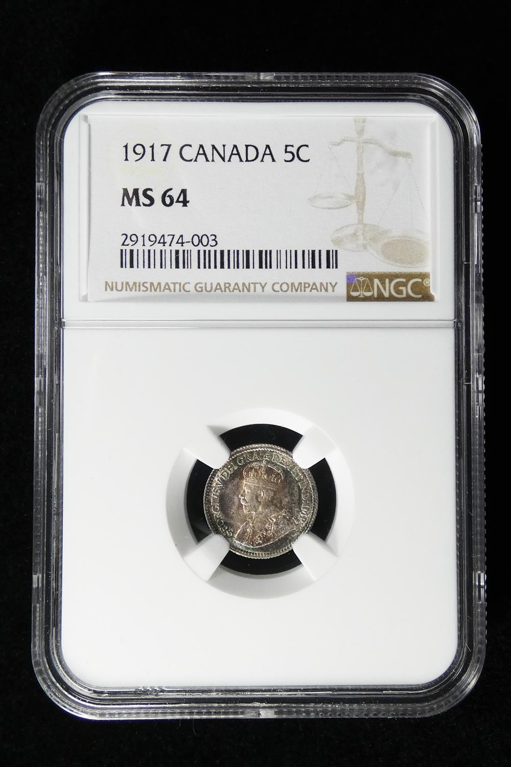 Canada 1917 Silver 5 Cents. NGC Certified MS 64. Stunning Color! #5830