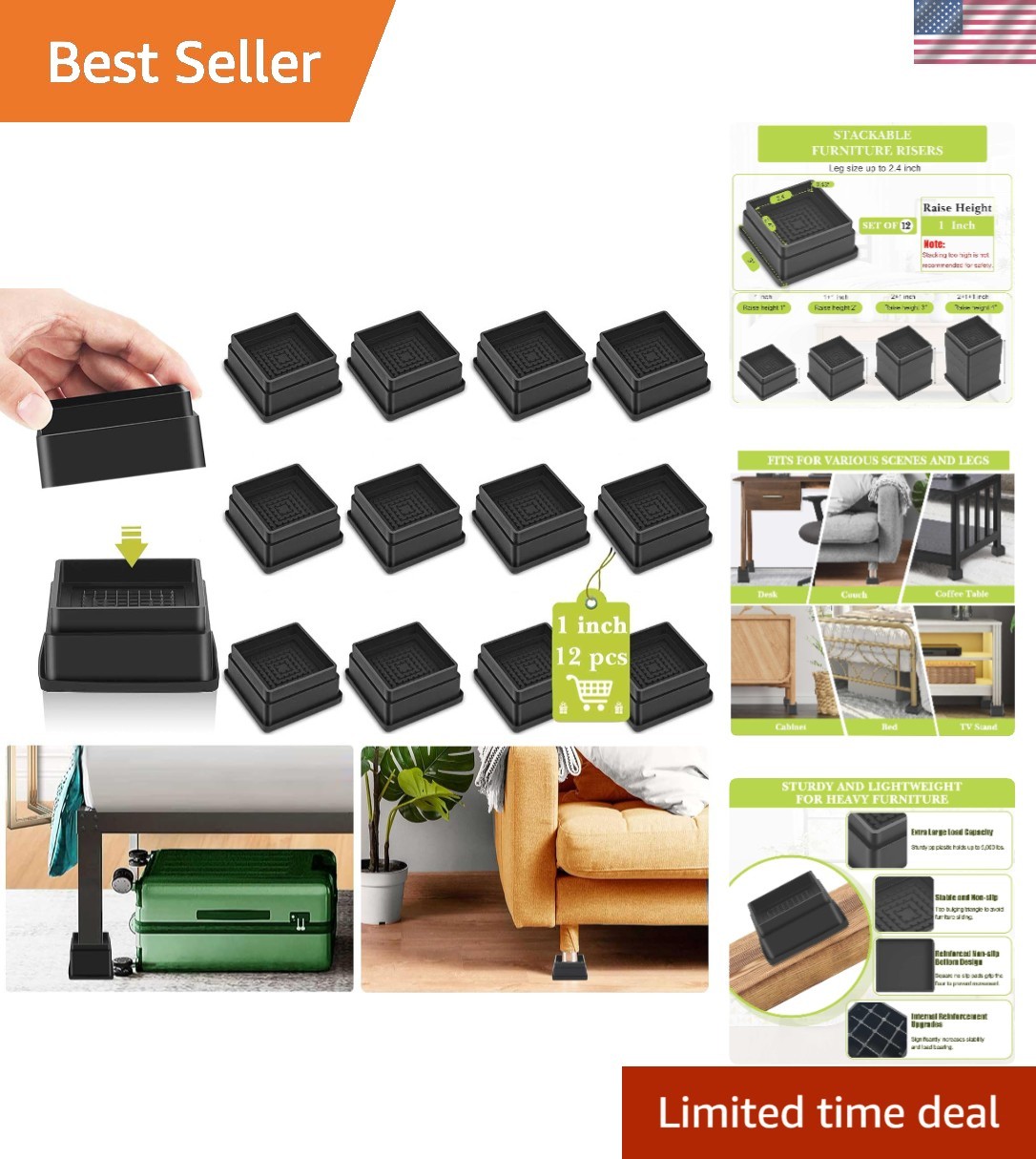Stackable Furniture Risers - 1 to 3 Inch Height Adjustment, 12 Pack in Black