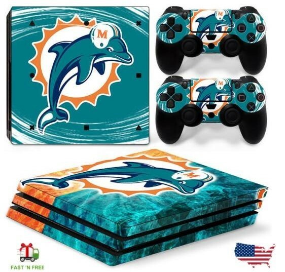Miami Dolphins PS4 Pro Vinyl Decal Cover Skin Sticker Console And 2 Controllers