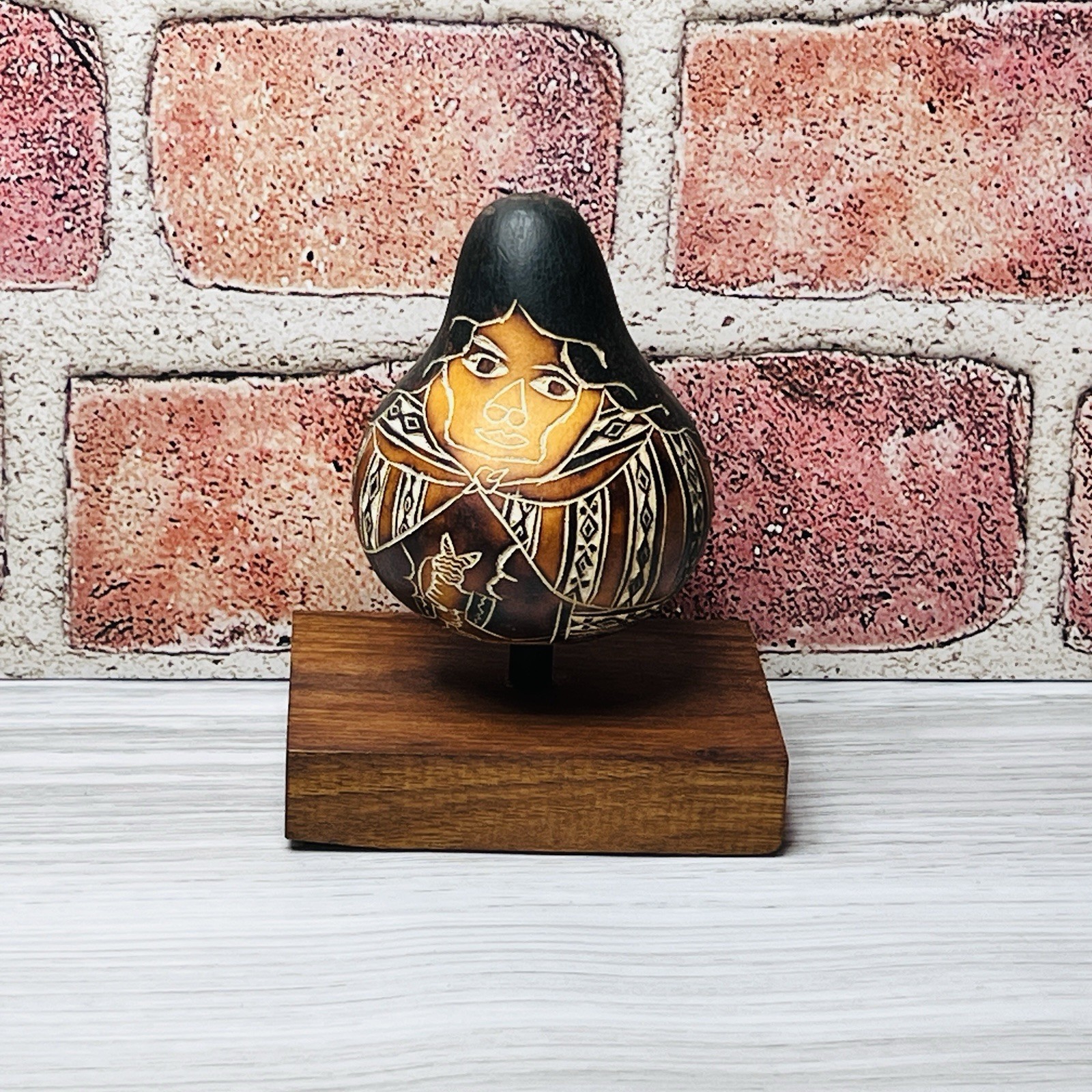 Vintage Peruvian Gourd Hand Painted Carved Women Horn Folk Art Story Wood Base
