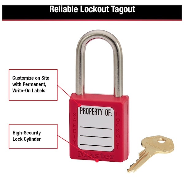 Master Lock 410Red Lockout Padlock, Keyed Different, Thermoplastic, Standard