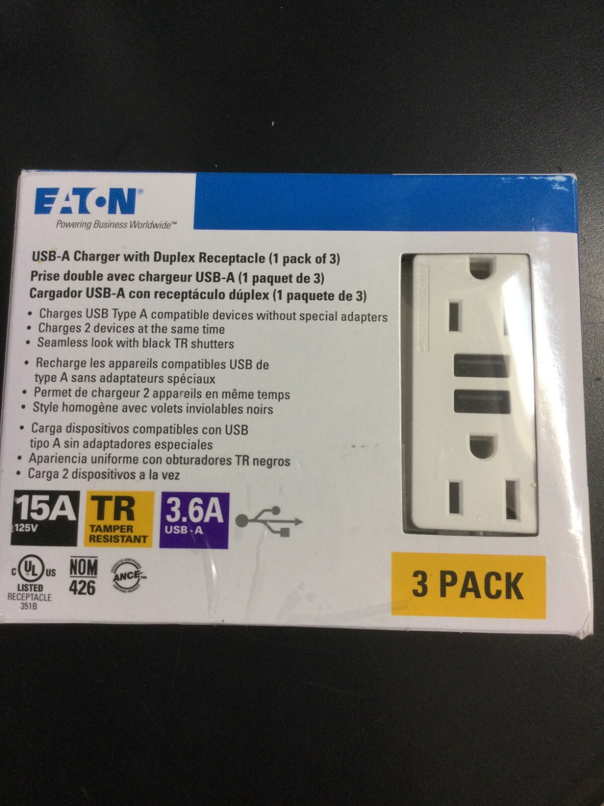 Eaton TR7765W-3-LW USB-A Charger with Duplex Receptacle 5827