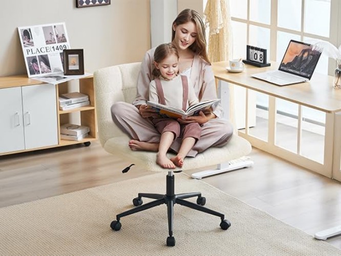 Swivel Criss Cross Legged Chair with Wheels for Home Office, Wide Armless Des...