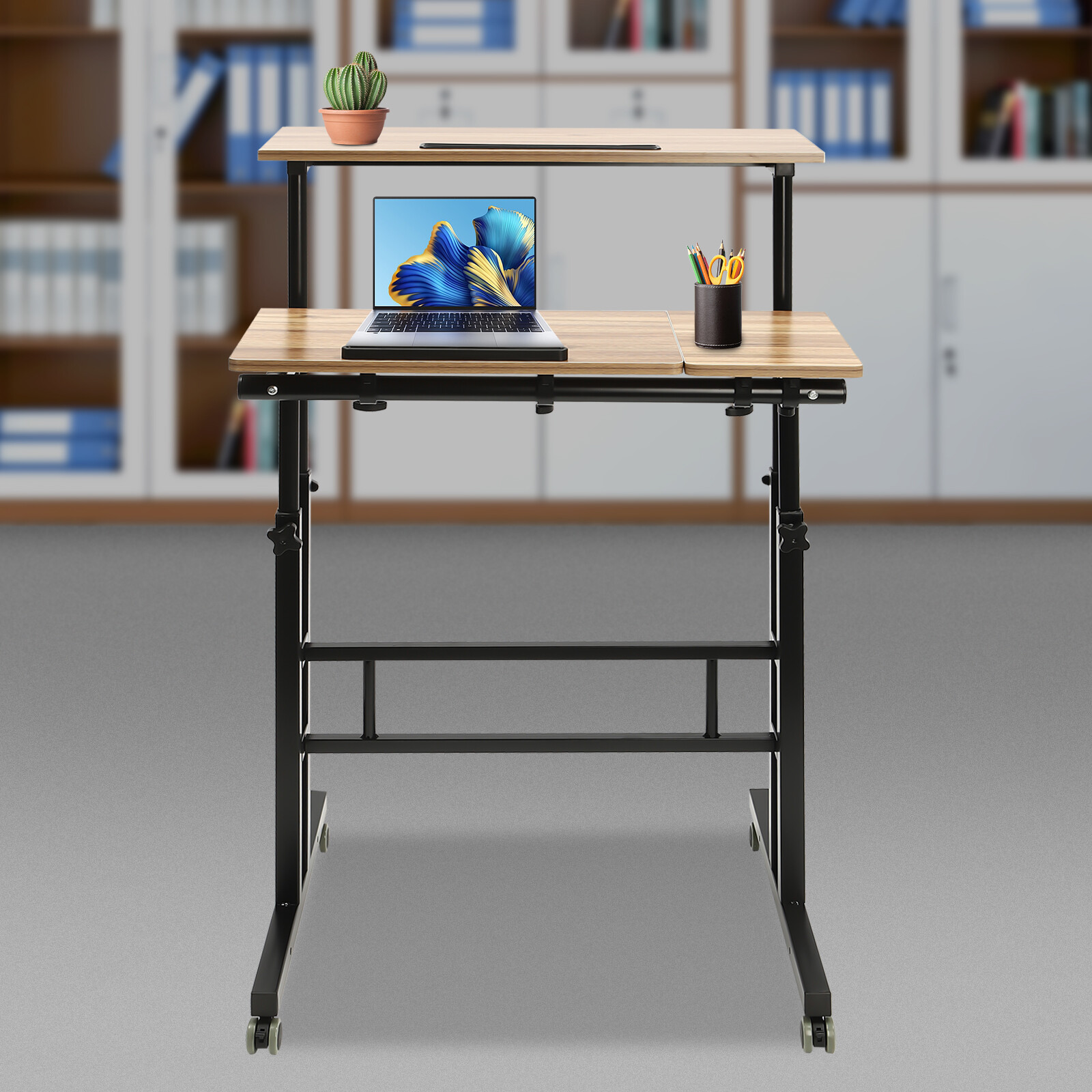 Iron-Brown Adjustable 8.5-49.5in High Rolling Laptop Cart Sit Desk W/ 4 Wheels