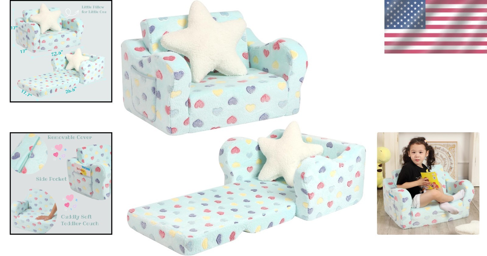 Kids-Friendly 2-in-1 Couch and Lounger - Colorful Heart Design for Toddlers