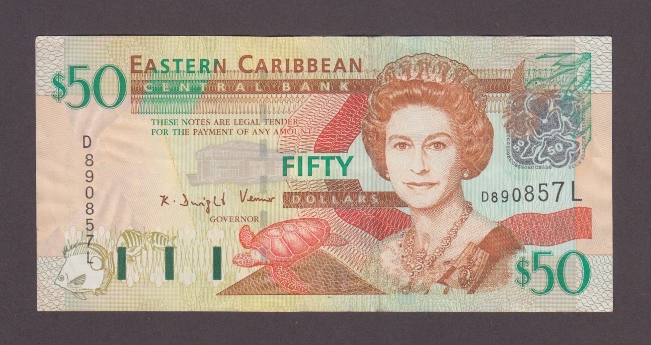 EASTERN CARIBBEAN P.40L-0857 ST. LUCIA  50 DOLLARS PFX/D QE II CRISP VF  2602