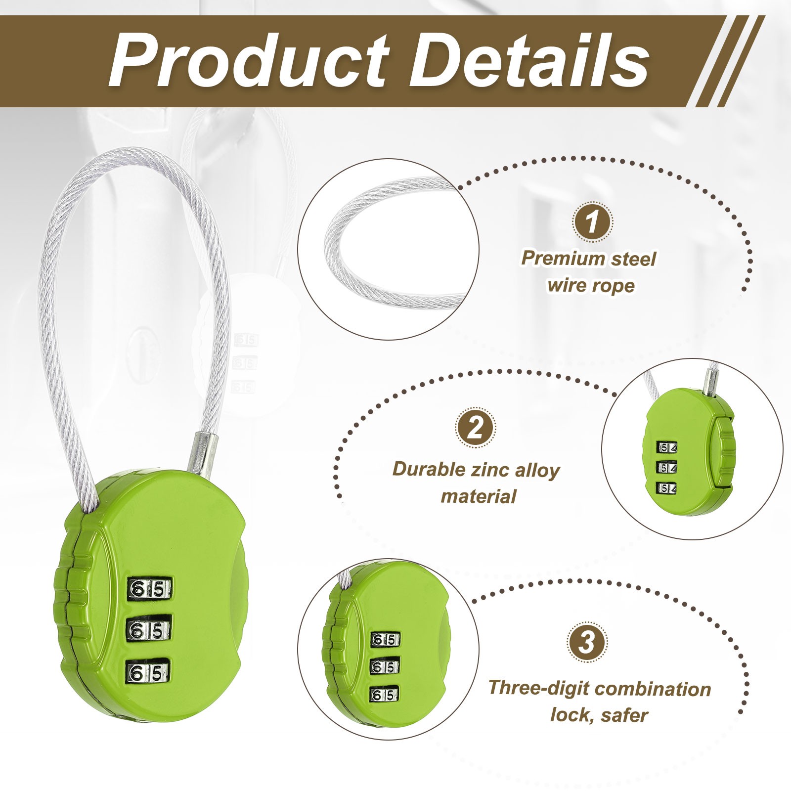 1-Pack Combination Padlock, 3 Digit Round Shaped Cable Luggage Lock [Green]