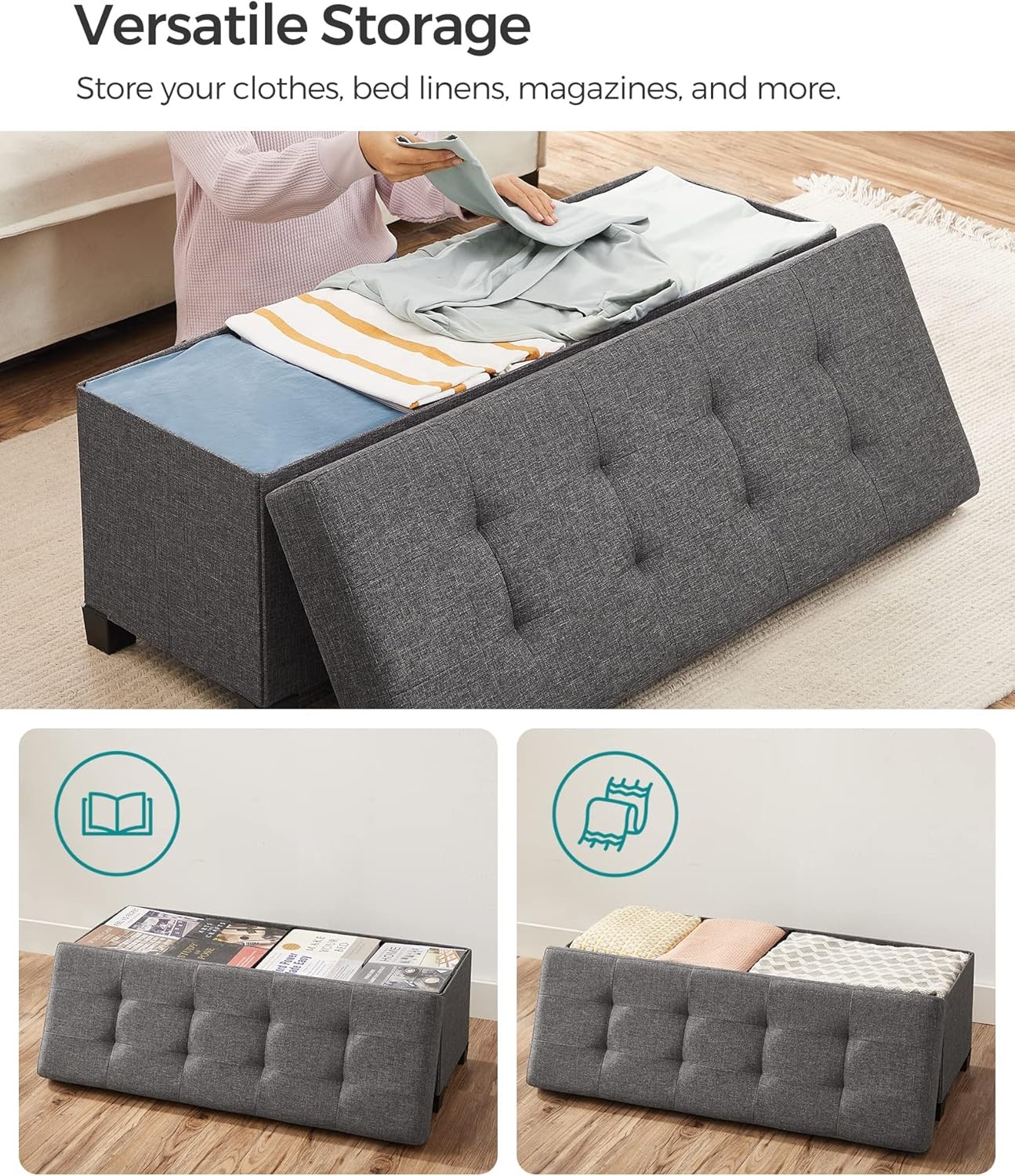 Storage Ottoman Bench Foldable Foot Rest W/ Legs 15 x 43 x 15.7 Inches End of