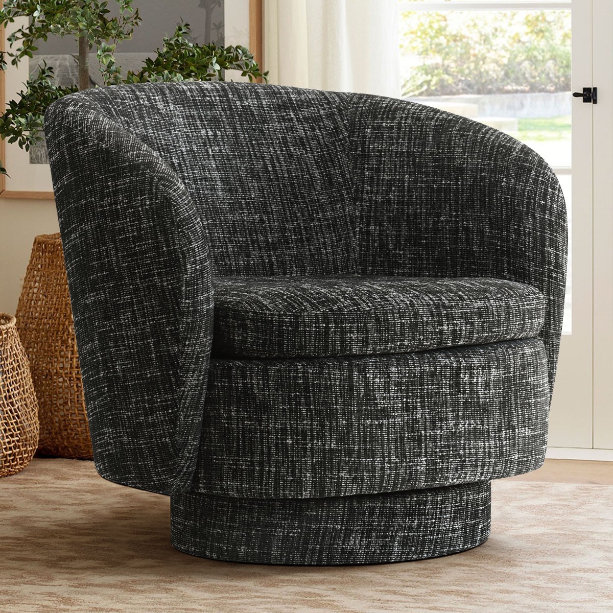 Set of 2 Dark Gray Textured Fabric 360?? Swivel Barrel Accent Chairs Round Base