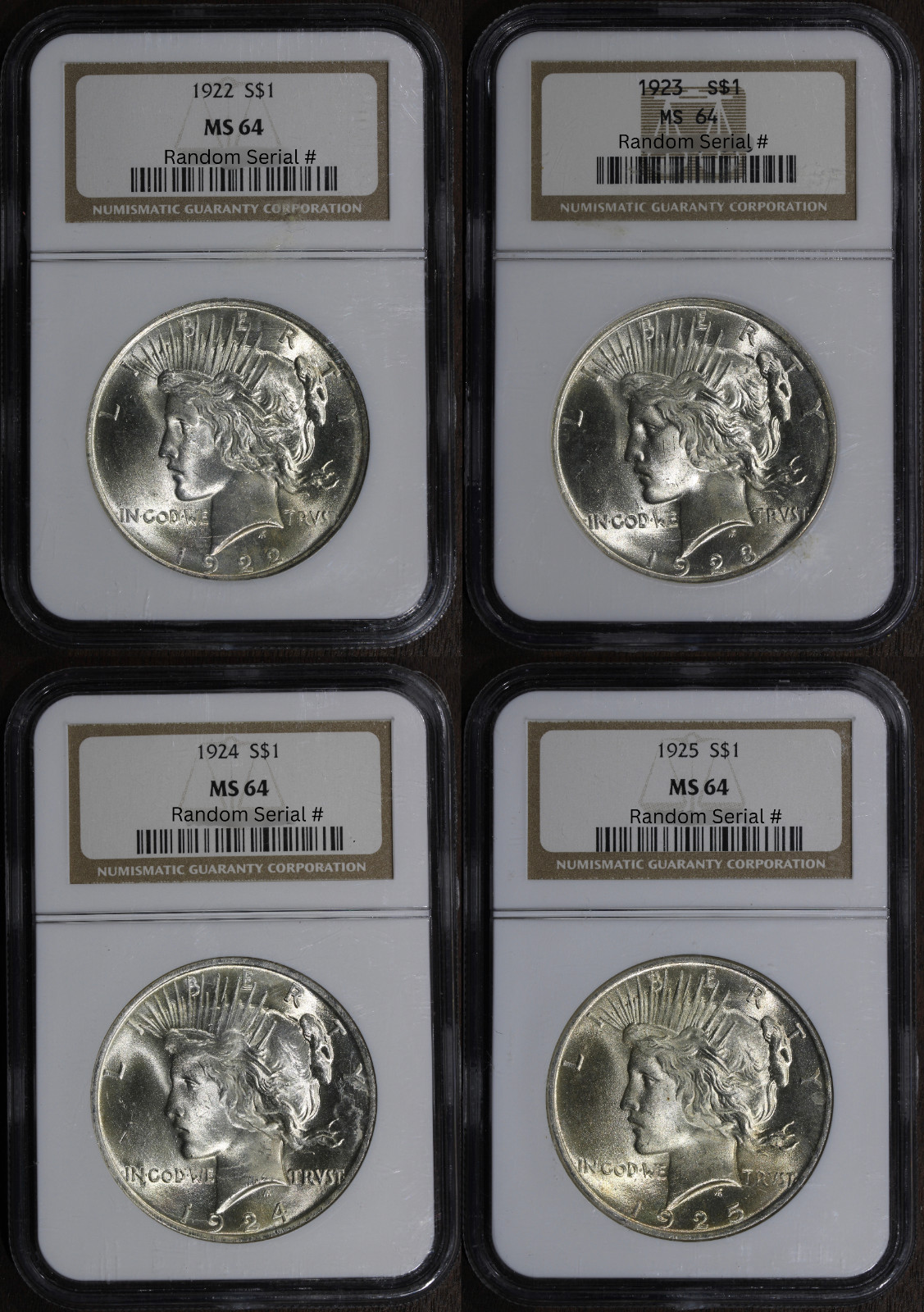 1922 1923 1924 1925 (MS64) Lot of 4 Peace Dollar $1 NGC - All MS64