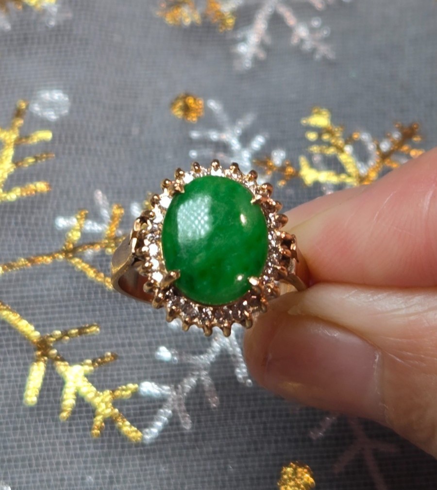 Vintage Oval Natural Green Jade Ring Sterling Silver 925, 14k Yellow Gold Plated