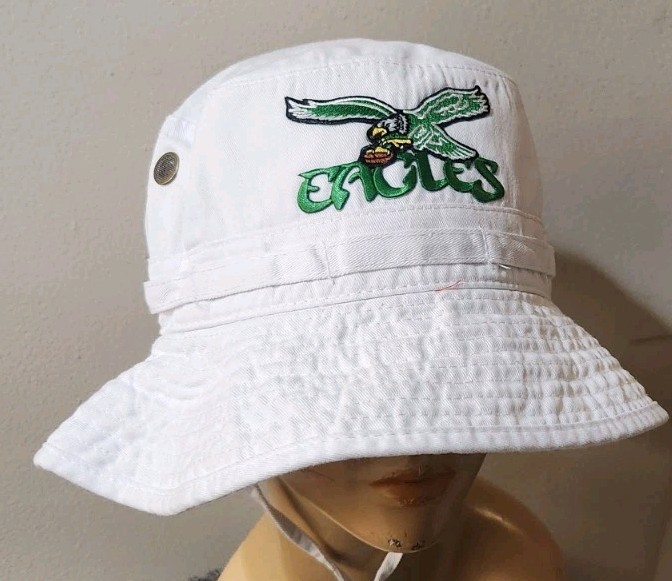 Philadelphia Eagles Throwback White Boonie Hat Side Snaps Up & Chin Strap