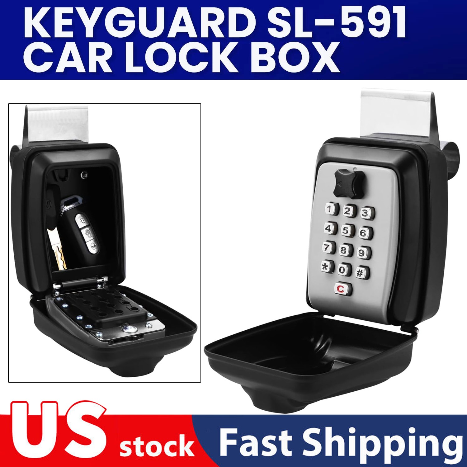Secure Car Key Lock Box Window Mount Punch Button For Turo Rental Safe Gray