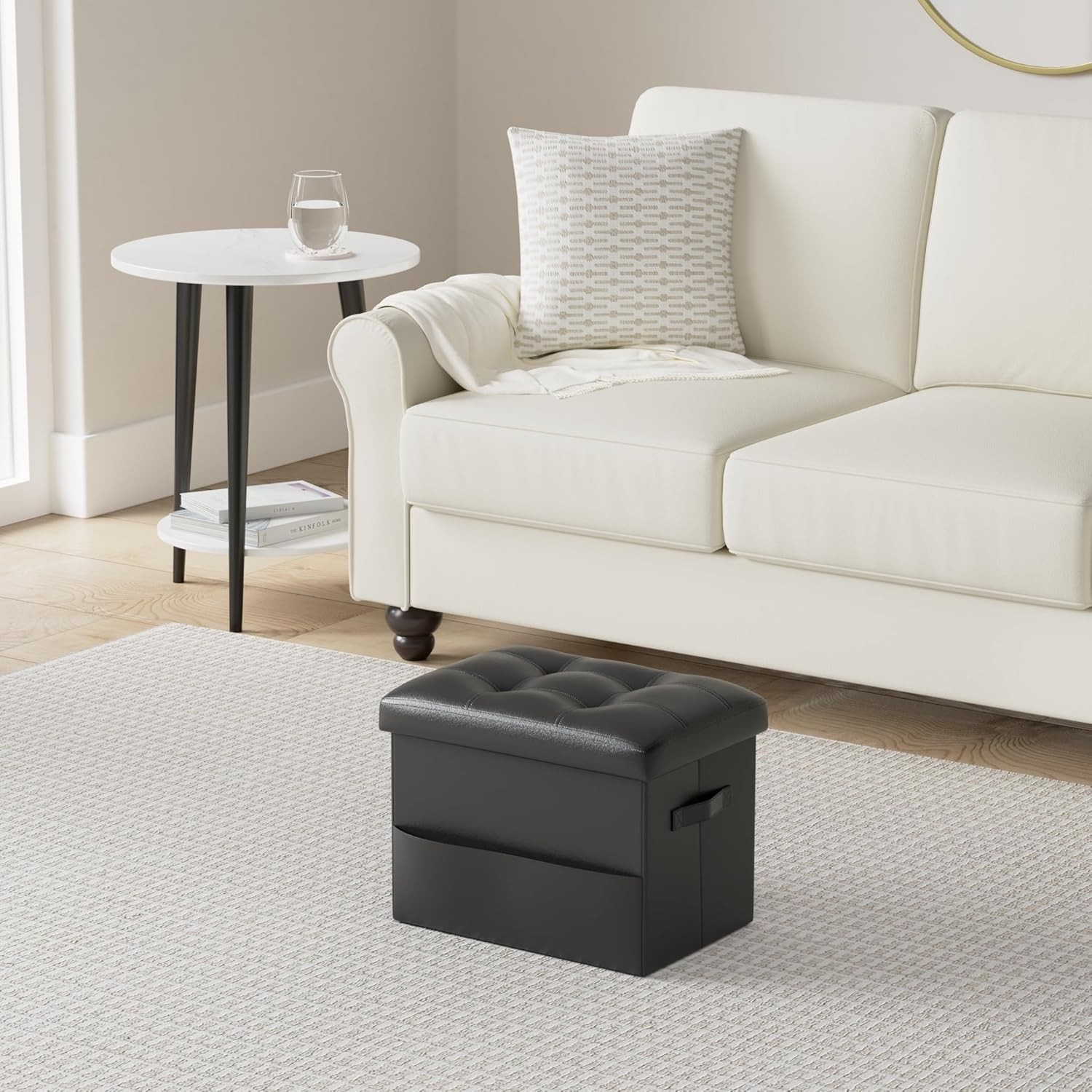 Storage Ottoman Foot Rest Stool with Thicker Foam Padded Seat Foldable Leather